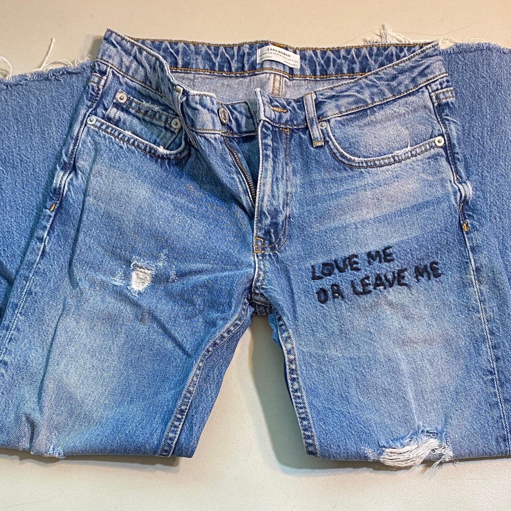 Zara Light Blue Relaxed Jeans with Black Embroidered Slogan